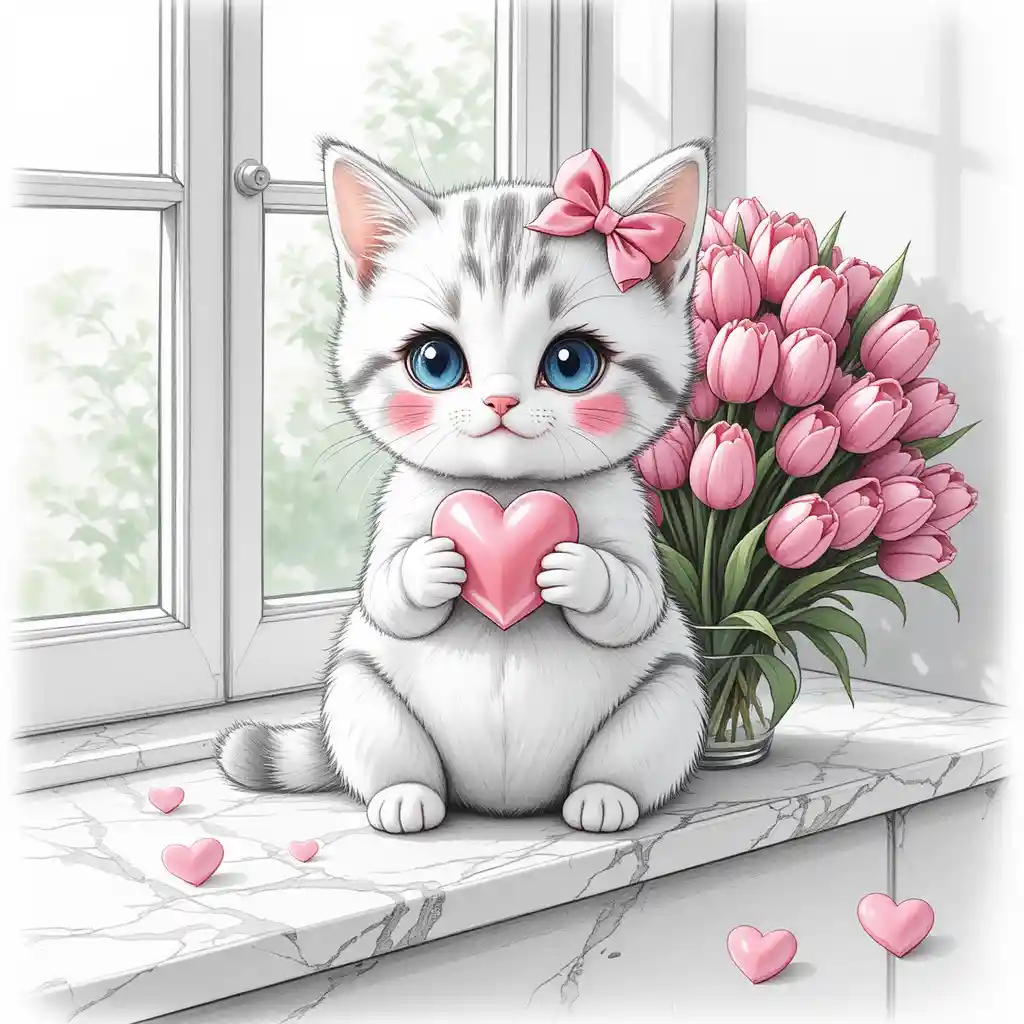 Adorable chaton avec des tulipes roses sur un rebord de fenêtre ensoleillé