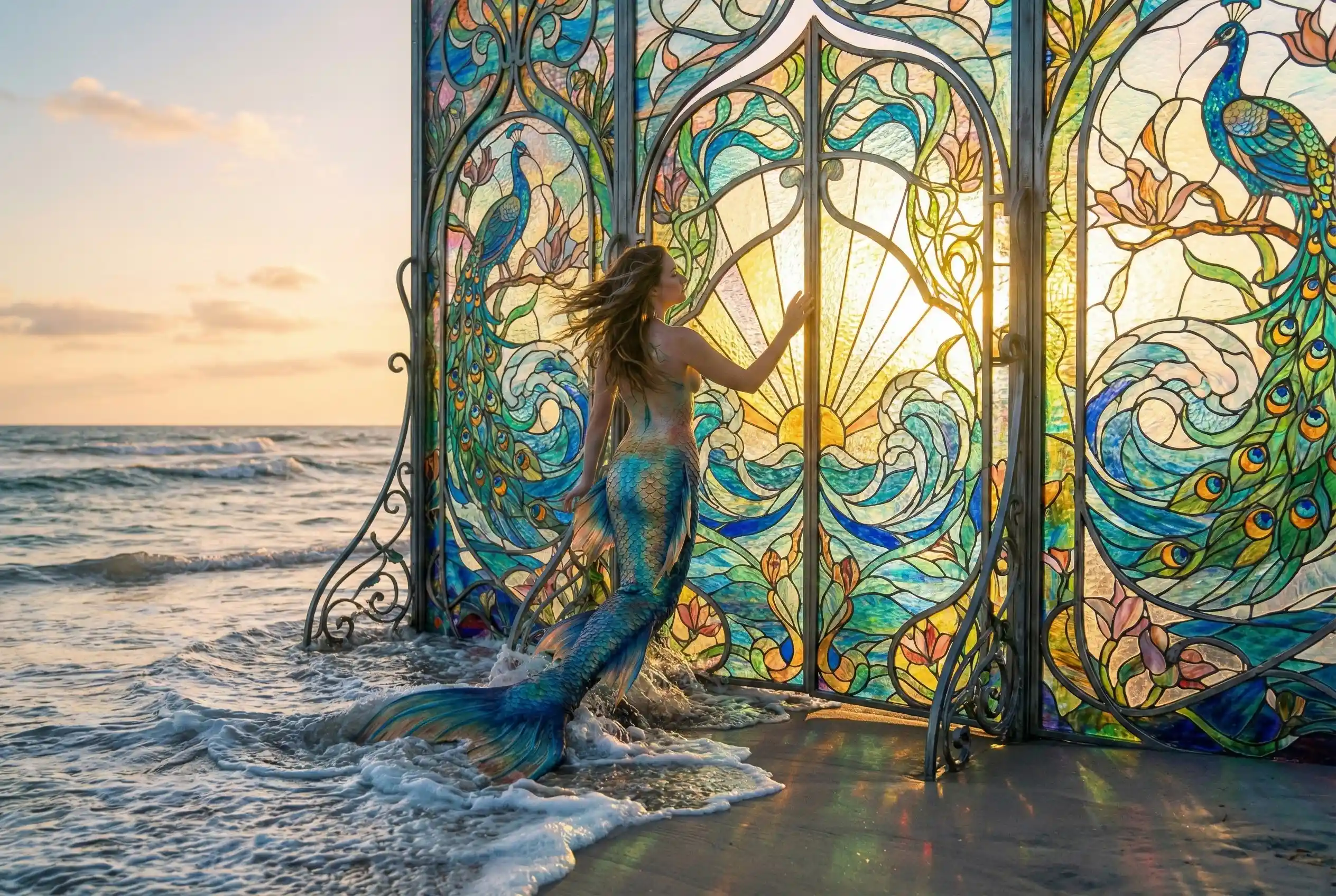 Sirena mistica che emerge su una spiaggia davanti a un palazzo di vetro