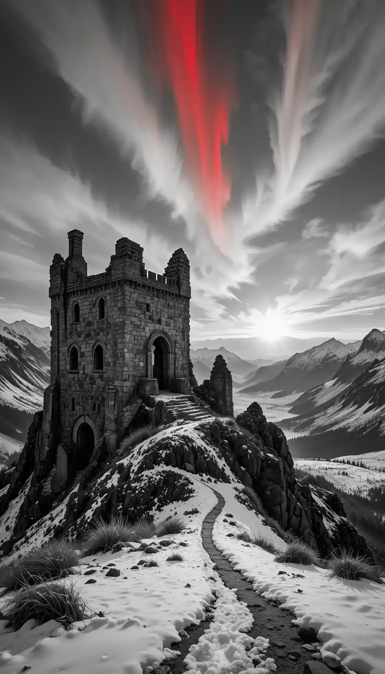 Castle Ruin On Snowy Mountain At Red Aurora Sunset