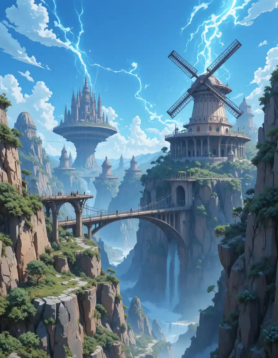 Floating fantasy city with arcane windmills and bridges
