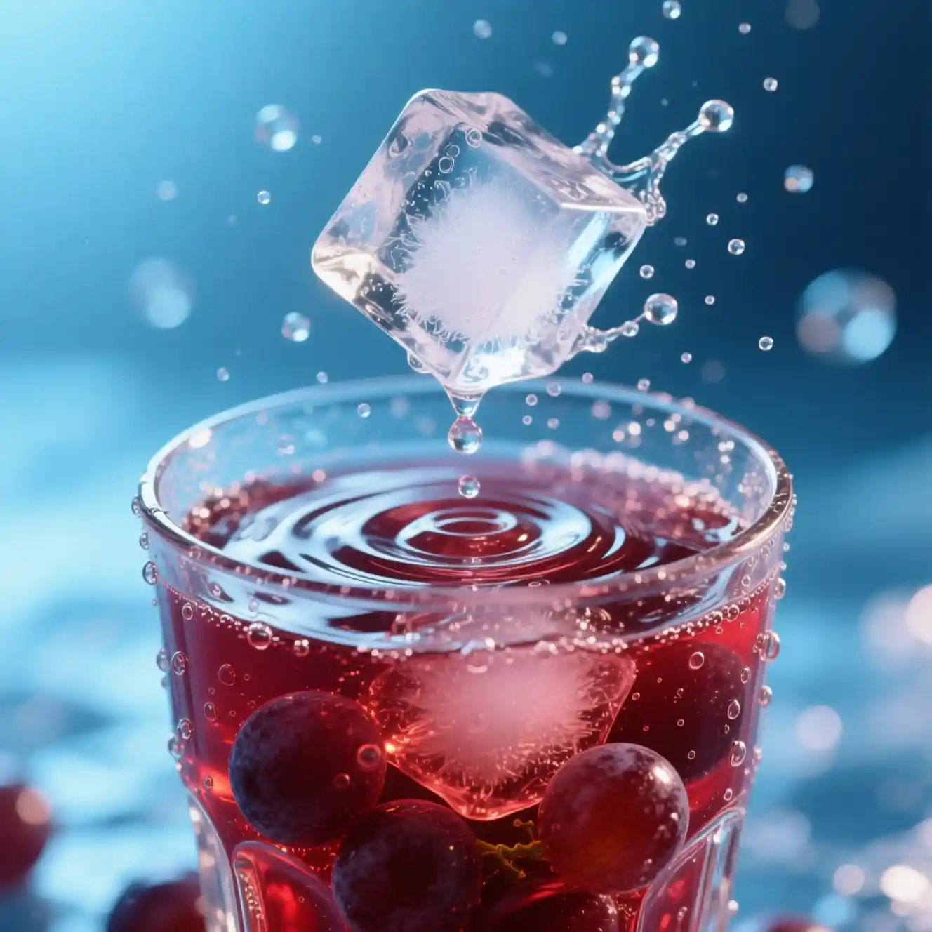 Close up glass of red grape juice with melting ice cube