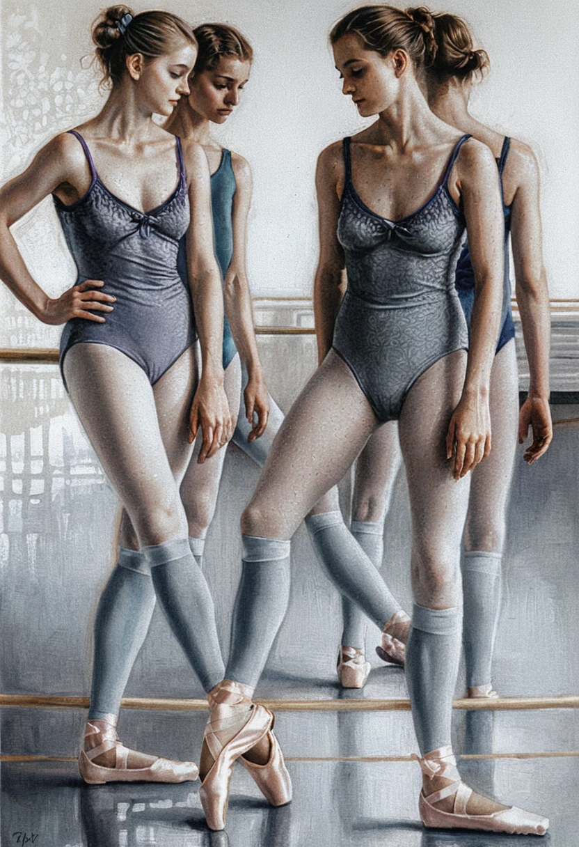Drei junge Ballerinas an der Stange in einem stillen Studio