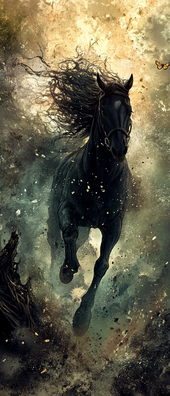 Black stallion running through a vast ruined cave at sunset