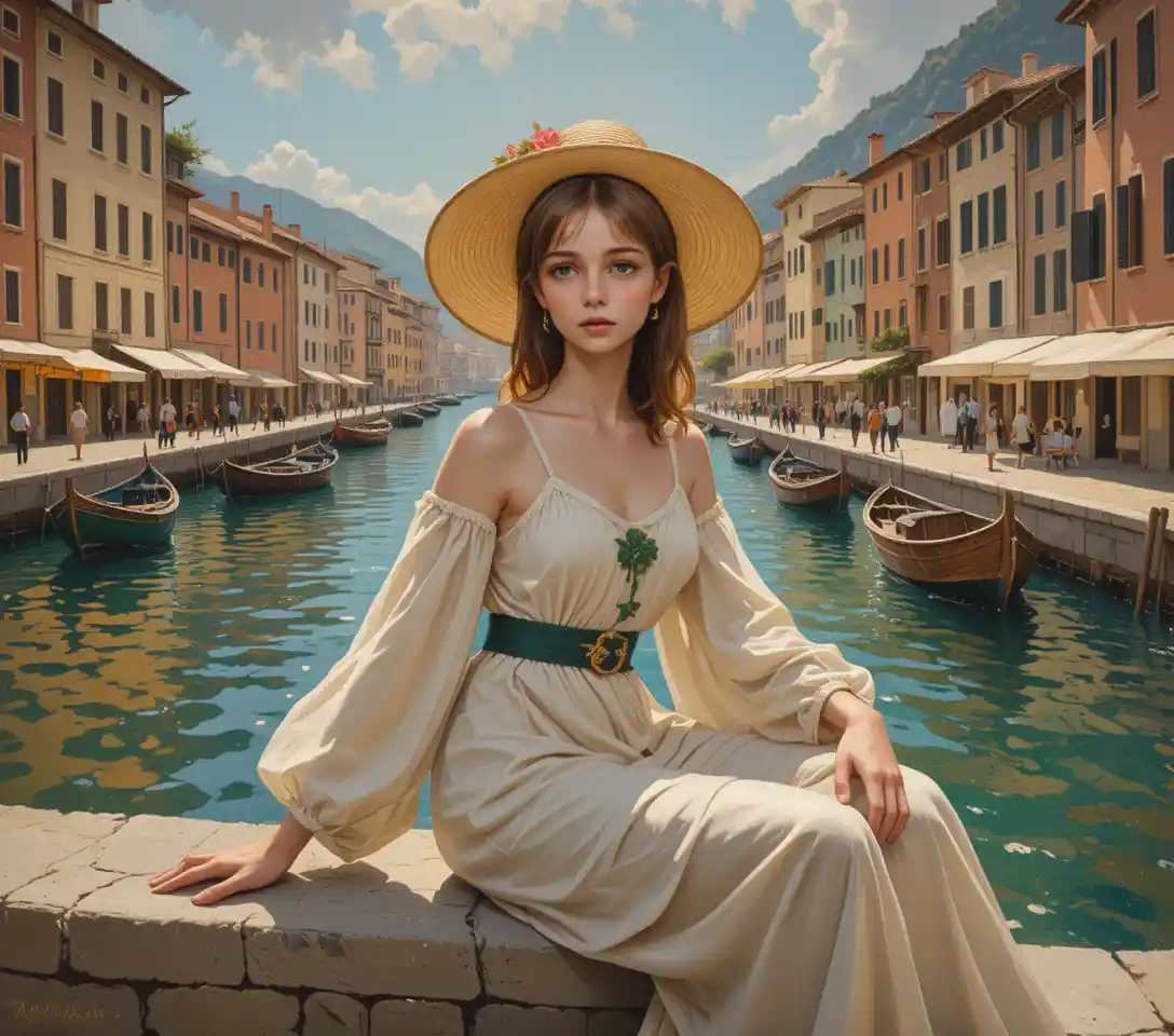 陽光港灣碼頭旁戴草帽的年輕女子
