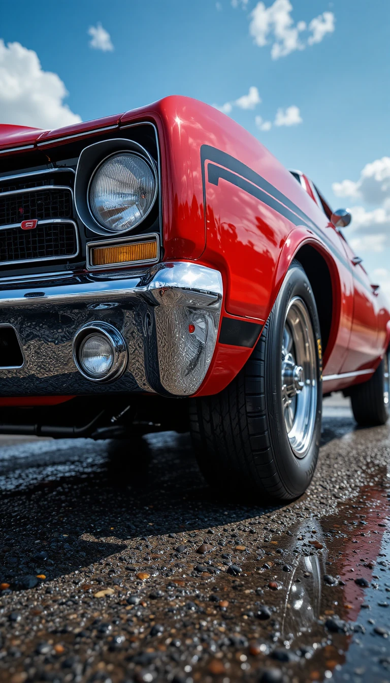 Close-up em ângulo baixo da frente de um muscle car vermelho vintage