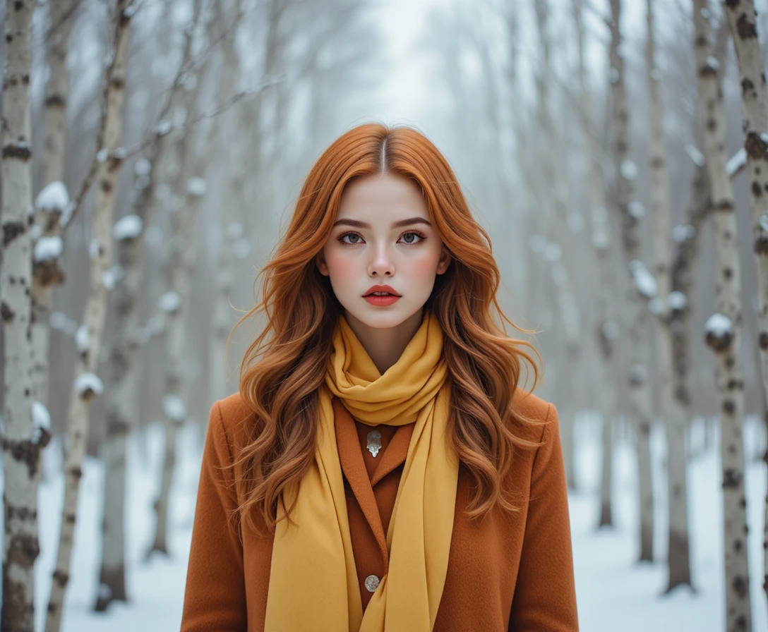Donna dai capelli rossi con cappotto in un boschetto di betulle innevato