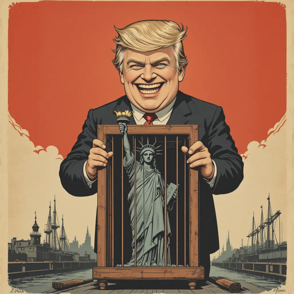 Caricature politique dominant une Statue de la Liberté enfermée en cage