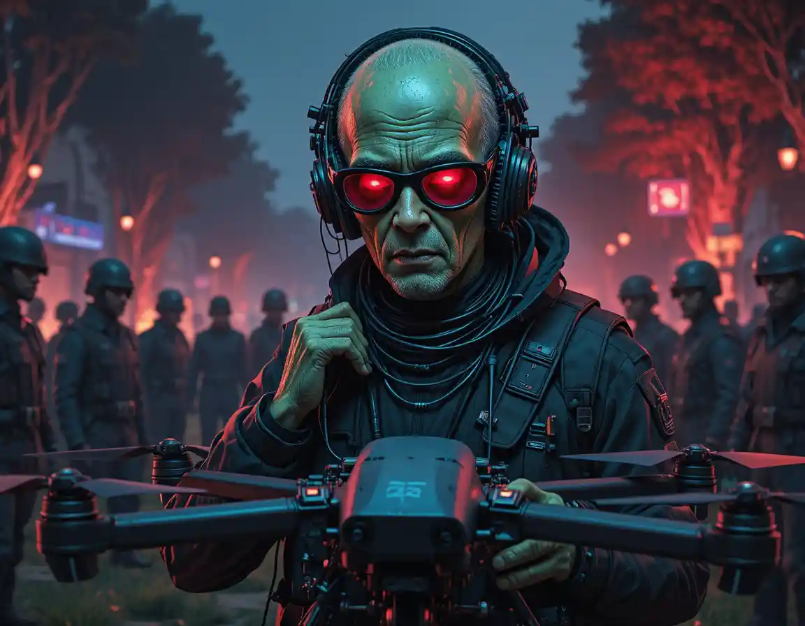 Soldiers in camouflage preparing a large black drone outdoors