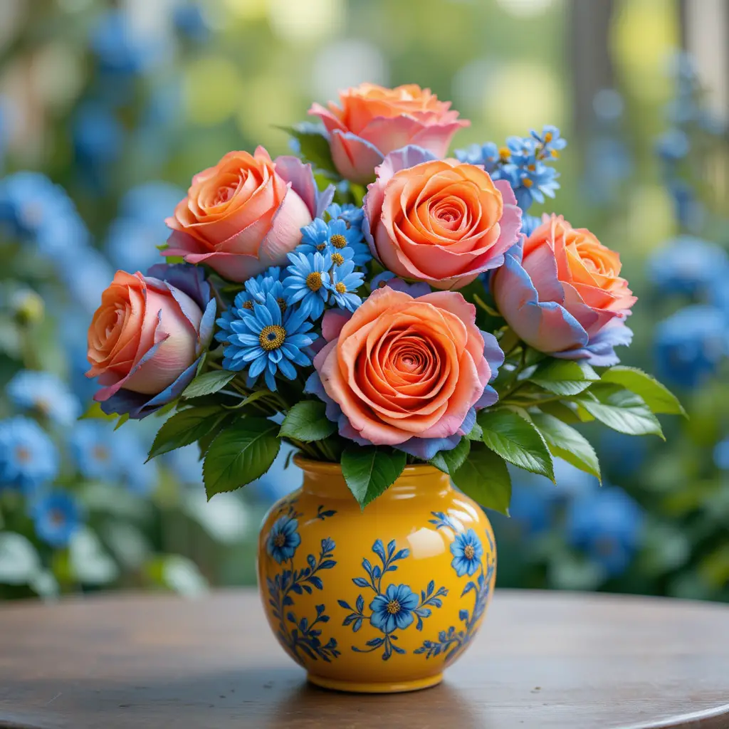 Colorful roses in a yellow ceramic vase on wood