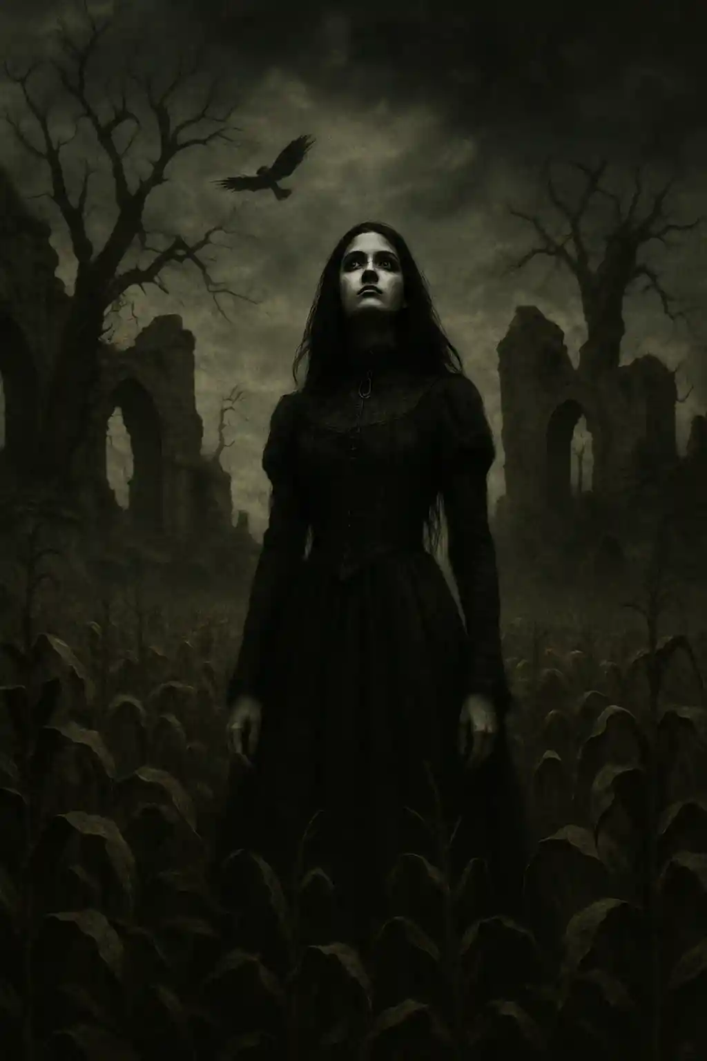 Gothic-Frau steht in einem überwucherten Maisfeld unter dunklem Himmel