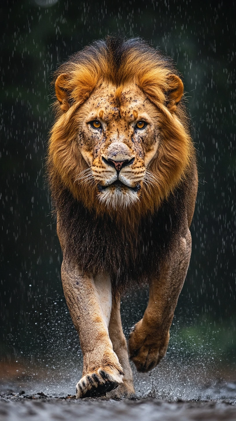 Leão macho rugindo caminhando na chuva forte em direção à câmera