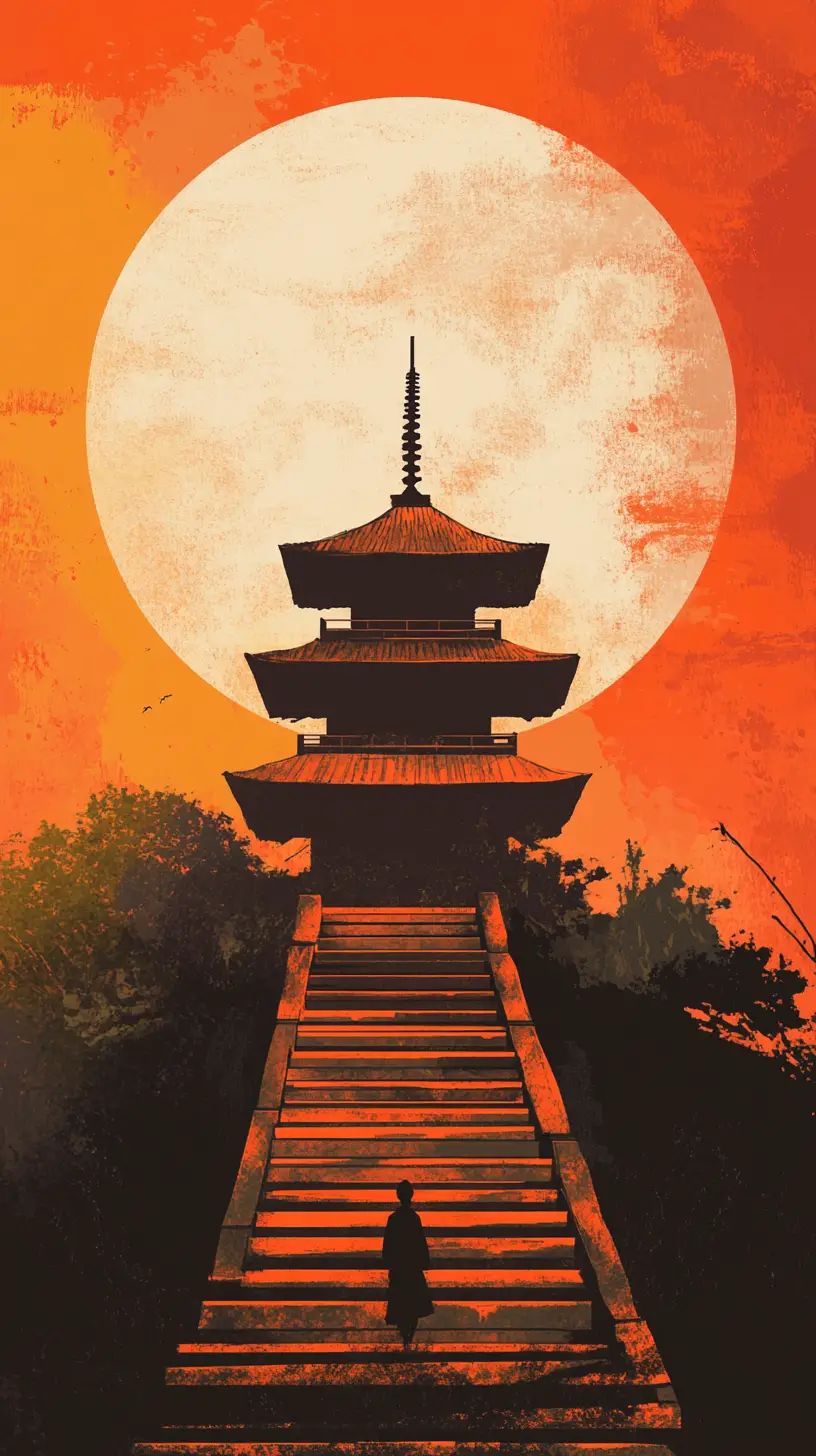 Traveler climbing stone steps toward a moonlit pagoda