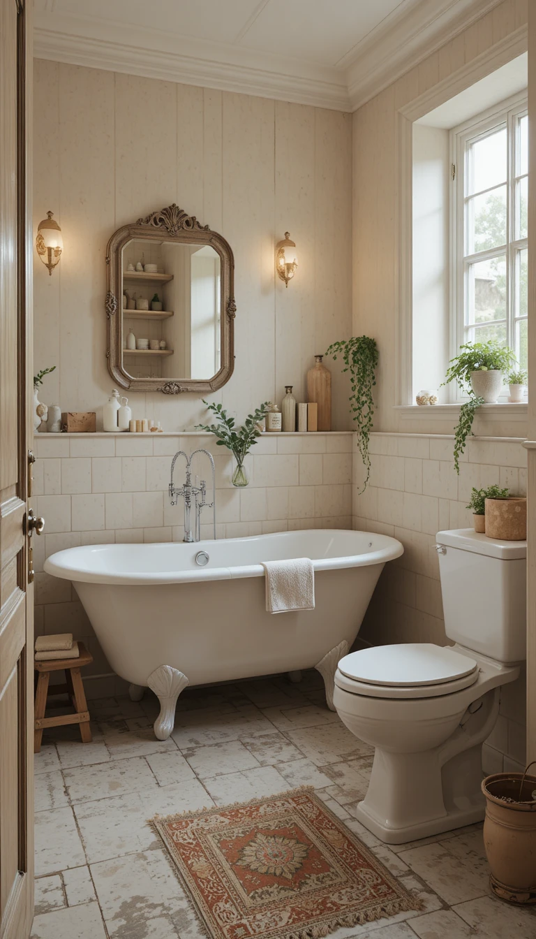 Accogliente bagno di famiglia vintage con vasca centro-stanza con piedini