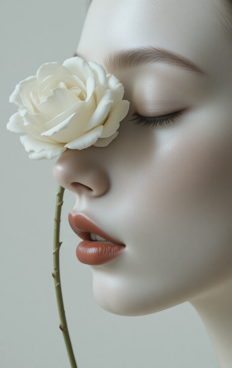 Surreal close up of a porcelain woman with white rose