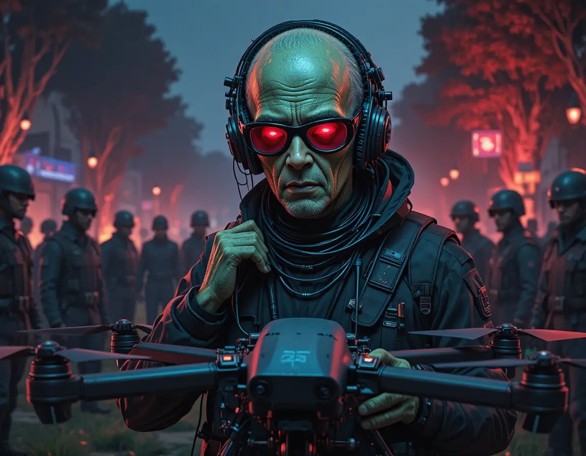 Soldiers in camouflage preparing a large black drone outdoors