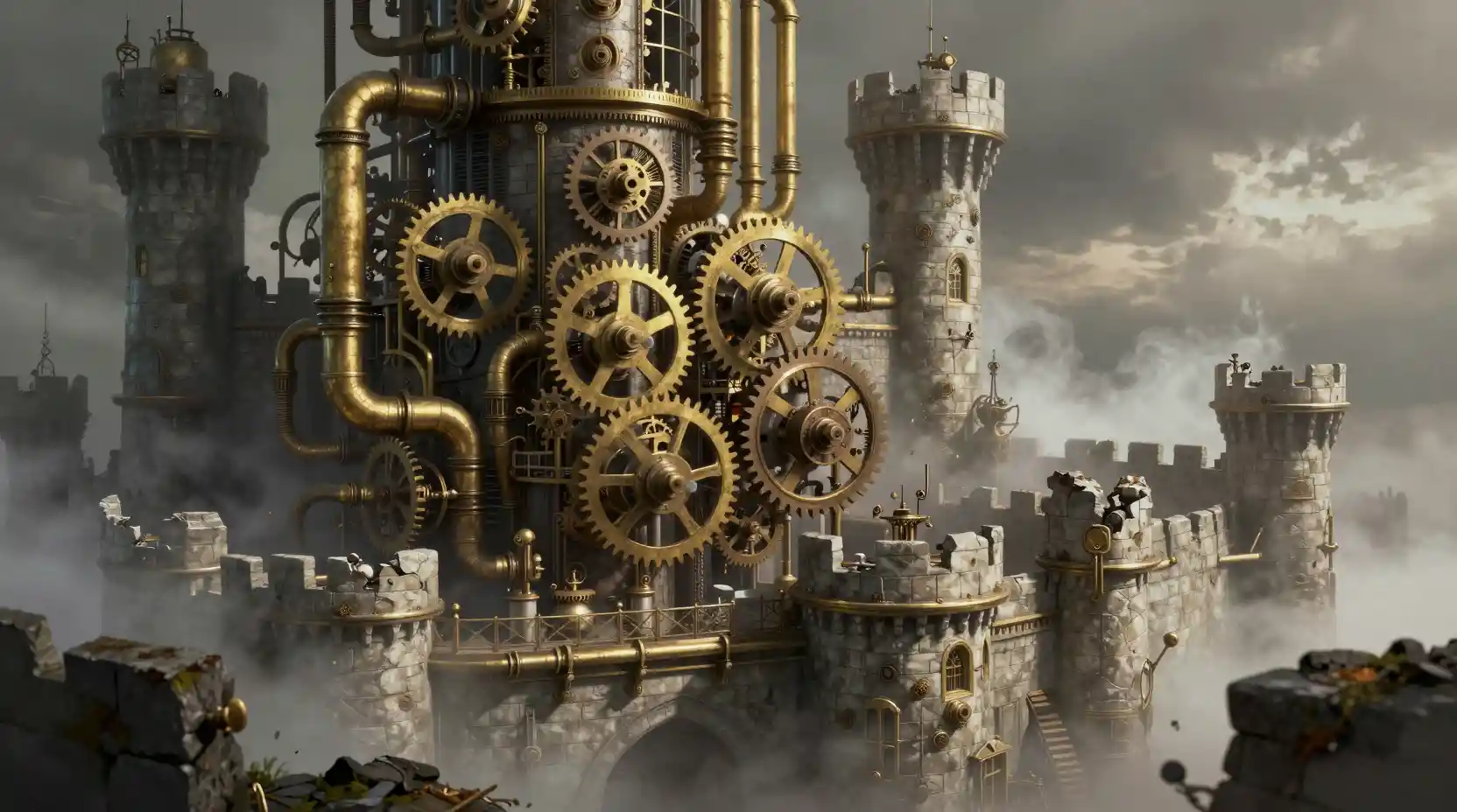 Steampunk castle of gears and brass in swirling mist