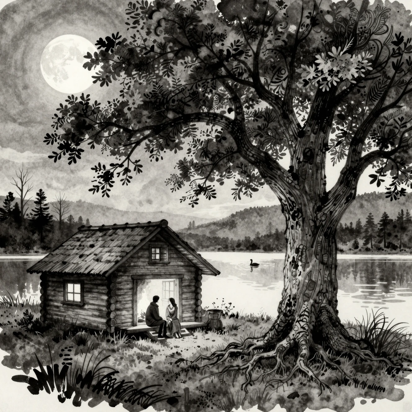Moonlit lakeside cabin with ancient oak and fireplace glow