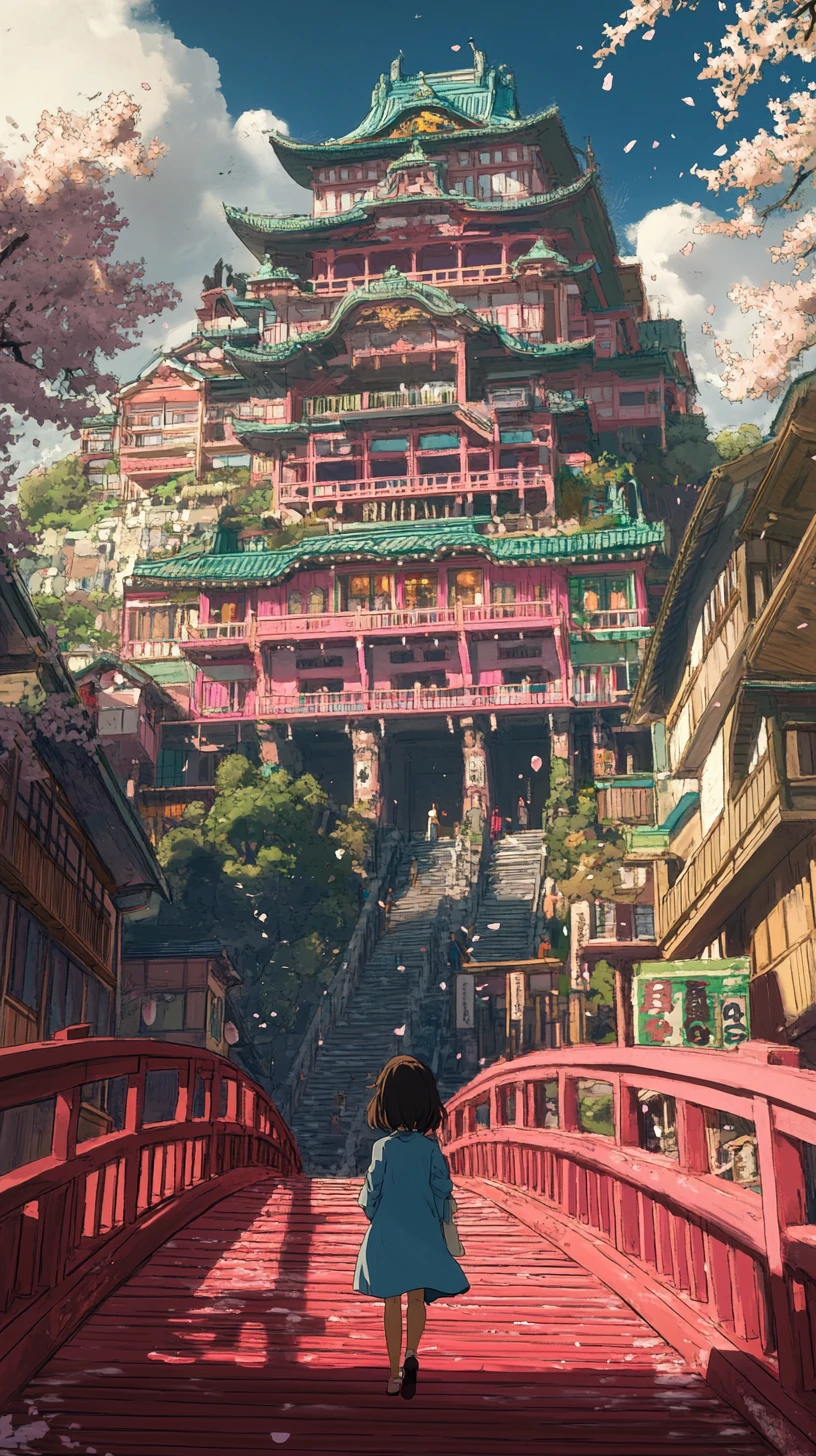 Chica en un puente rojo acercándose a un palacio japonés místico