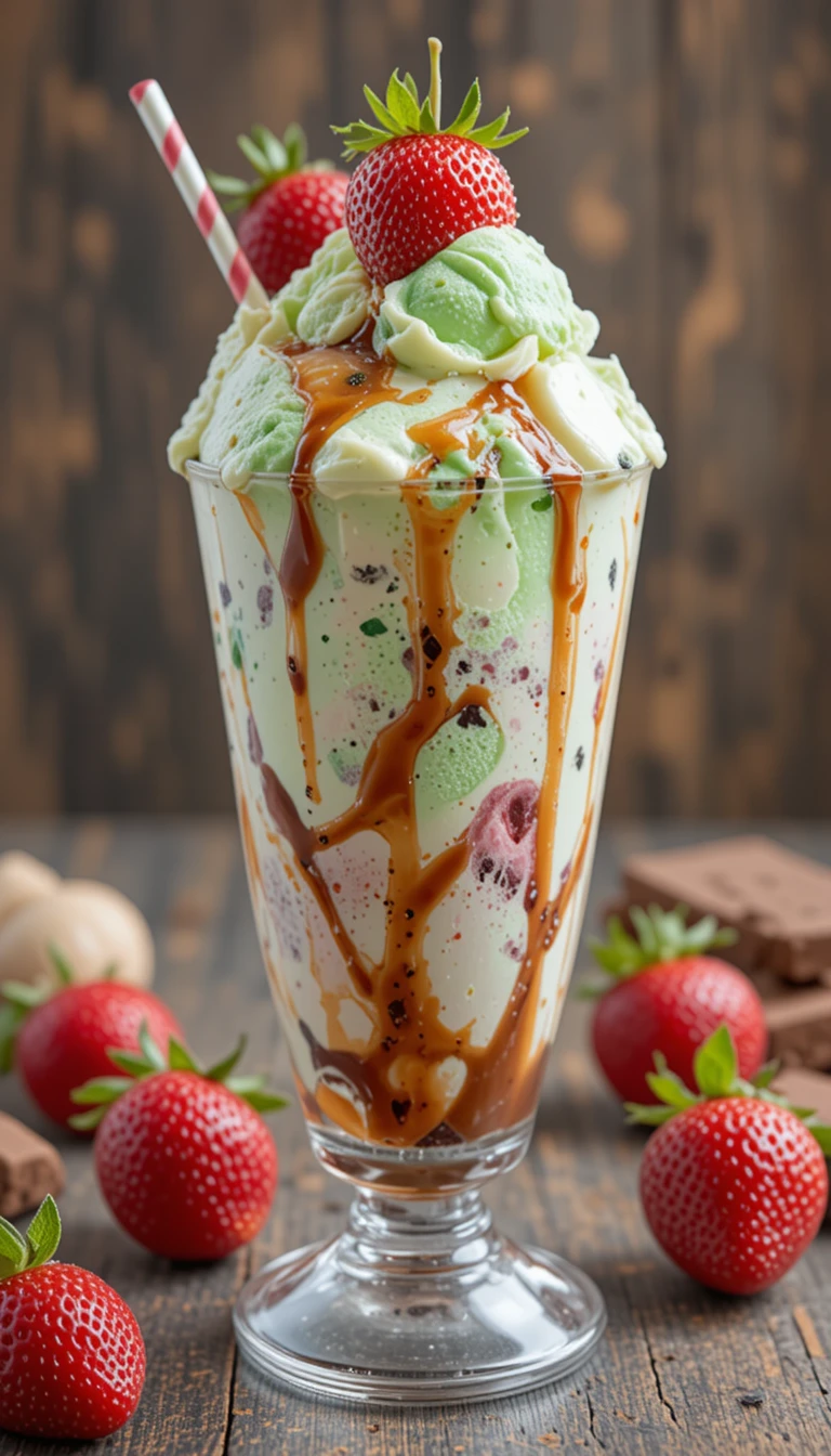 Vanilla and mint ice cream sundae with strawberries and syrup