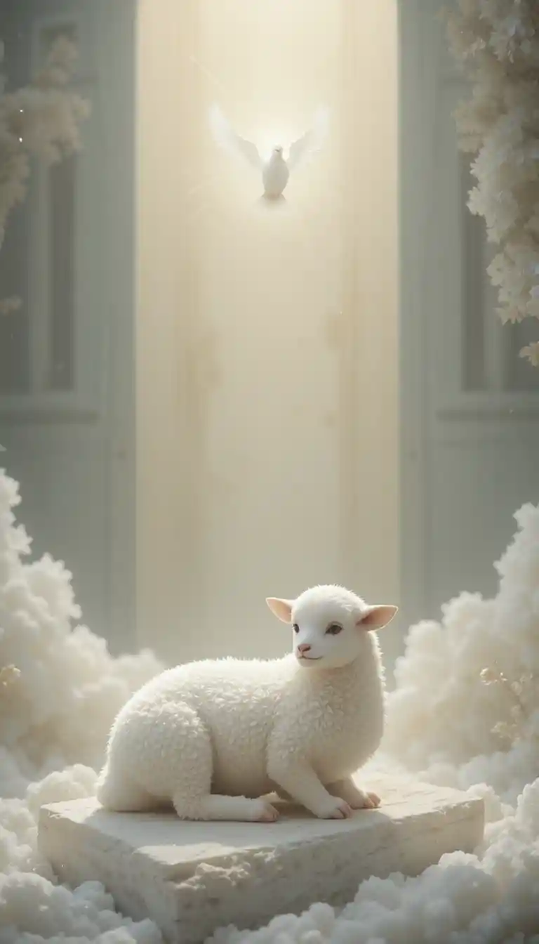 Agneau blanc dans une douce lumière céleste avec colombe lointaine