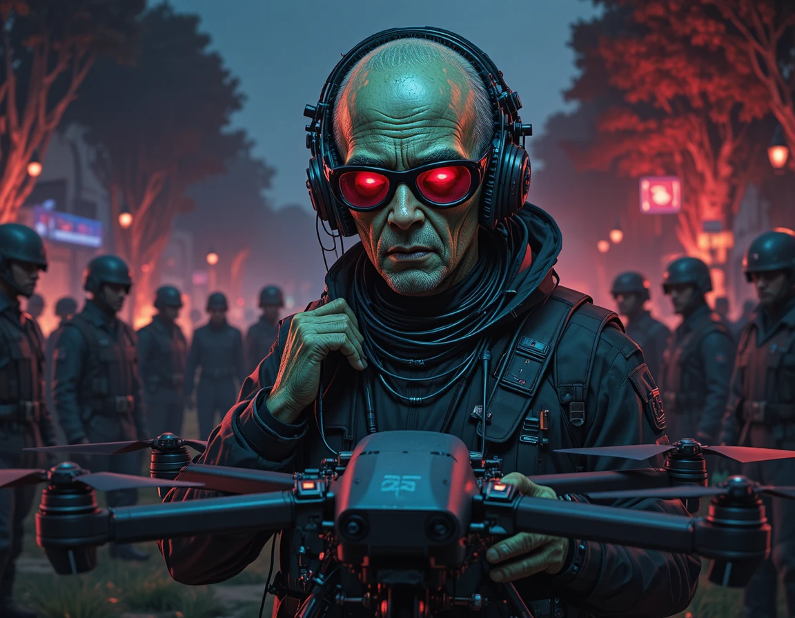 Soldiers in camouflage preparing a large black drone outdoors