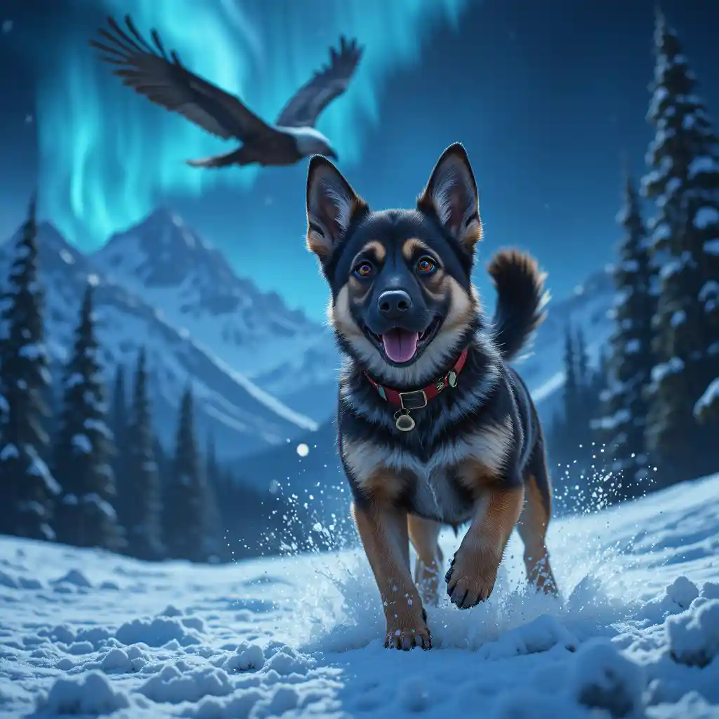 Adorable cachorro de pastor alemán jugando en nieve iluminada de azul