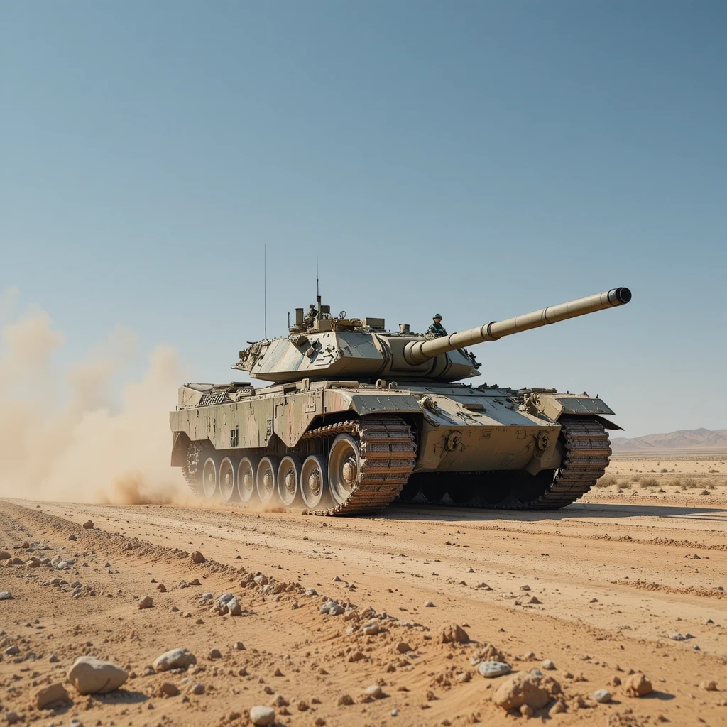 Tanque militar avançando pelo deserto aberto enquanto atira