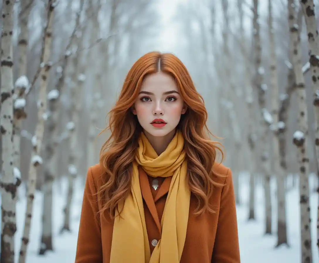 Donna dai capelli rossi con cappotto in un boschetto di betulle innevato
