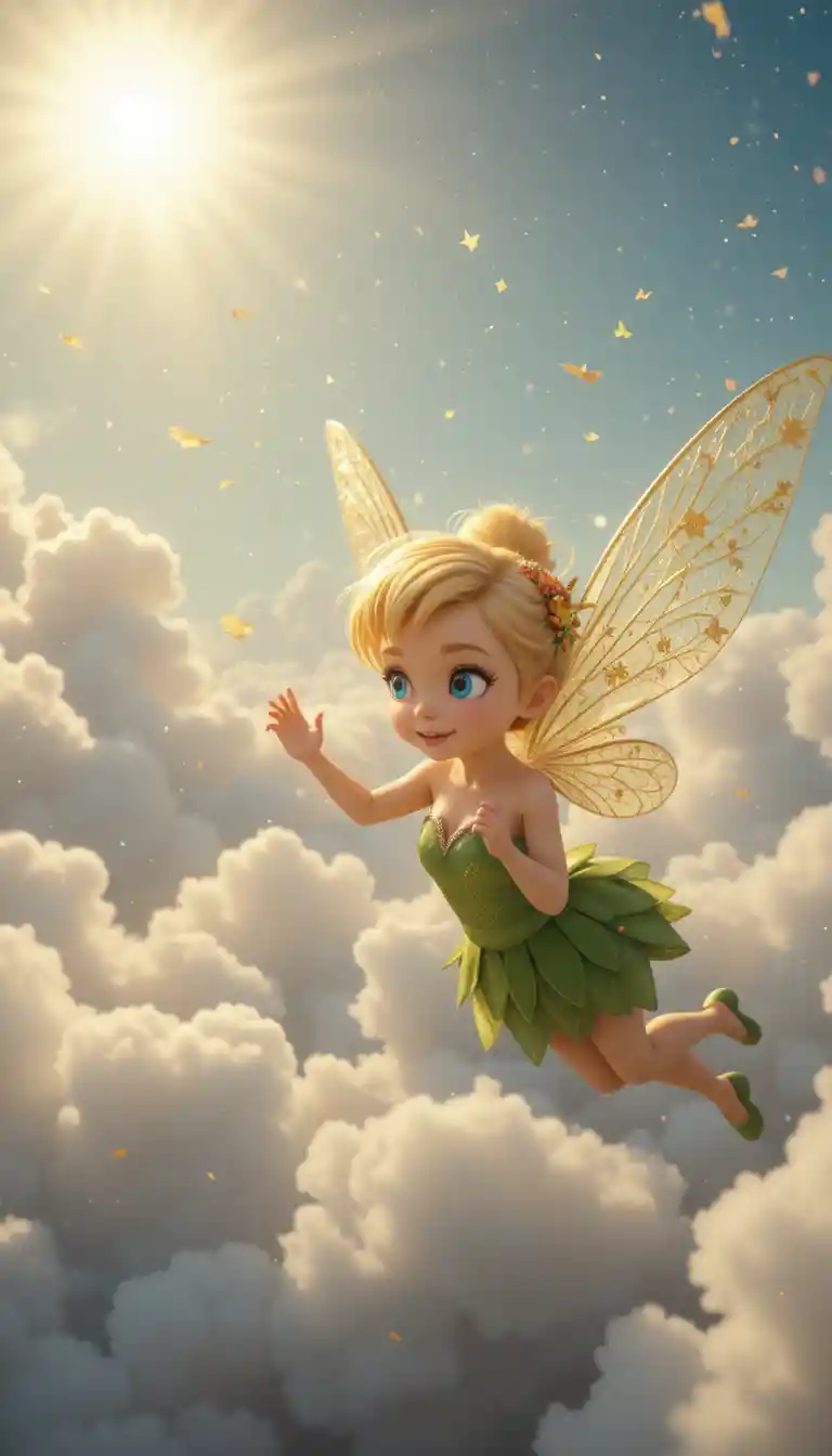 Fairy Flying High Through Soft Clouds In Bright Sky