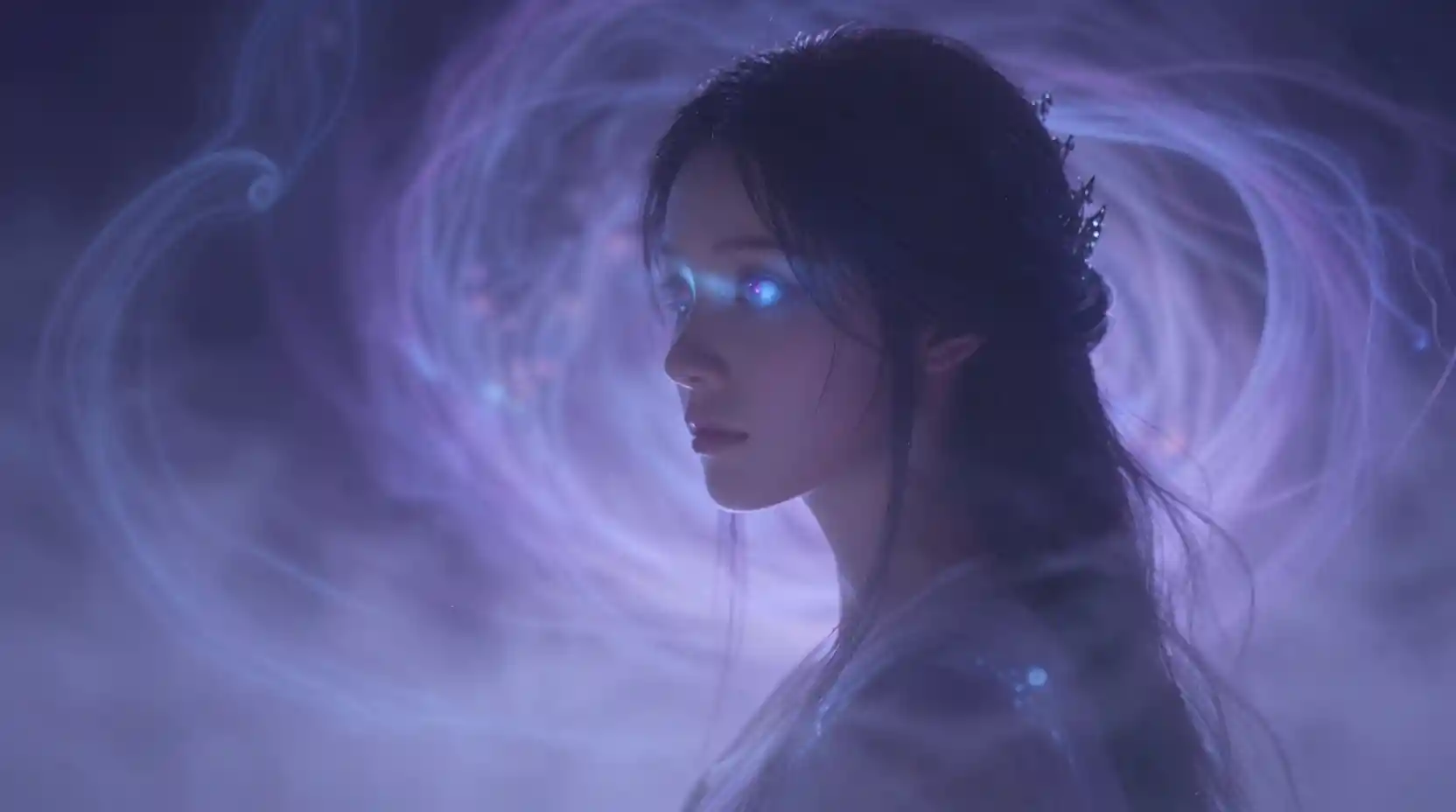 Mystical girl in an ethereal otherworldly glowing landscape