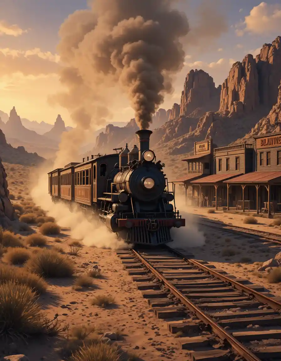 Old steam train crossing a dusty desert canyon at twilight