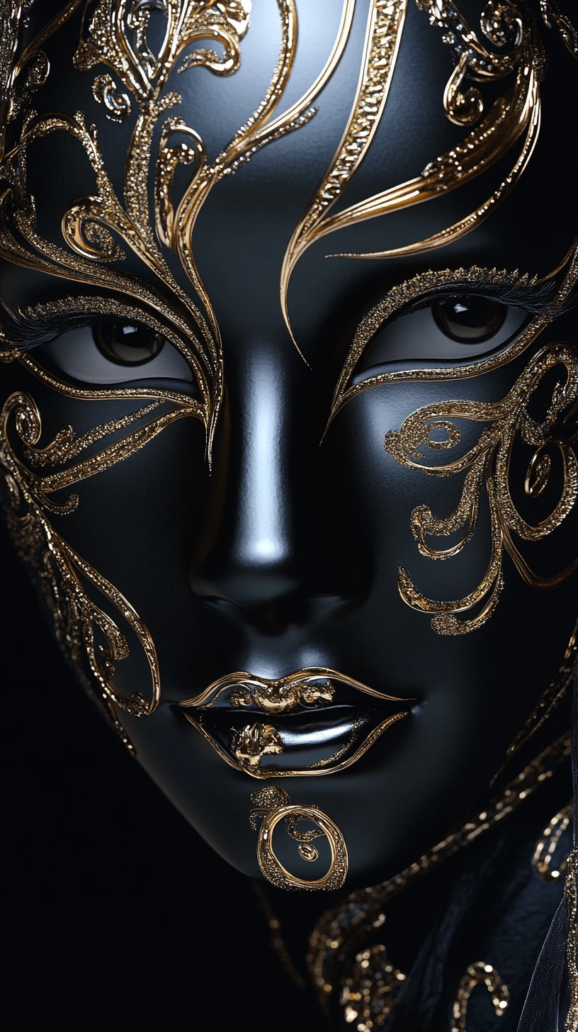 Luxurious black and gold venetian mask close up portrait