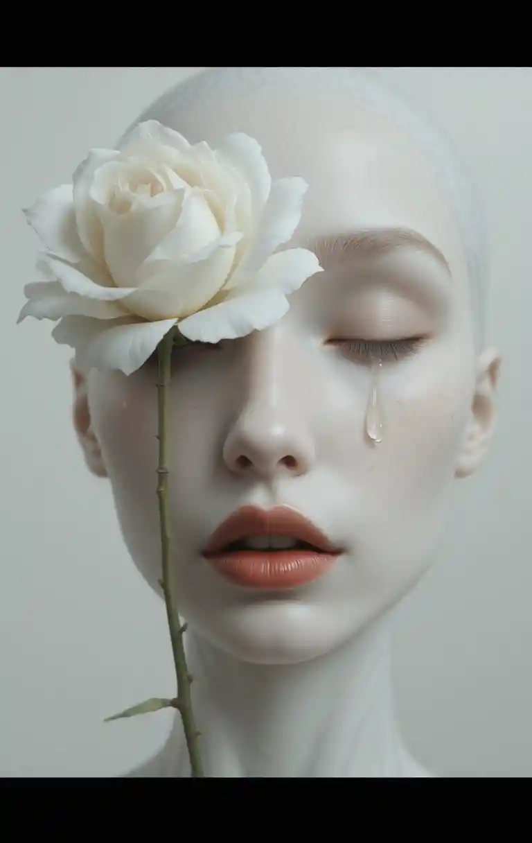 Surreal close up portrait of woman with white rose