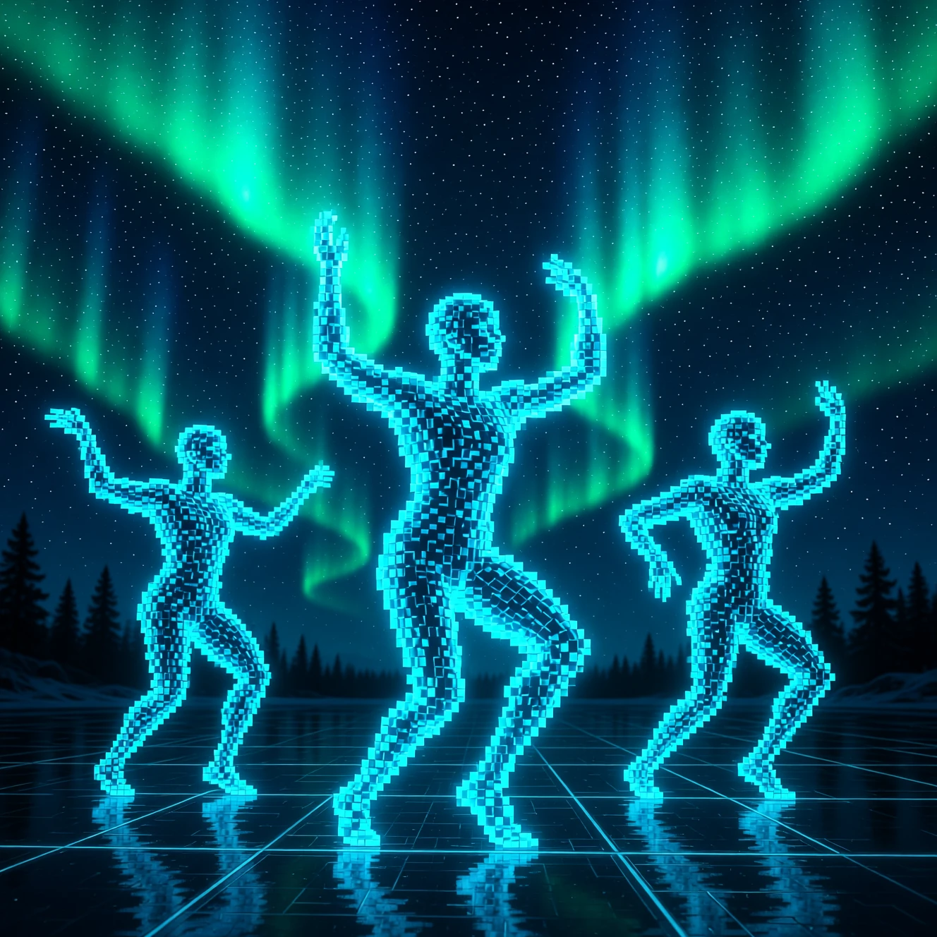 Aurora-ähnliche digitale Wellen in blauer und grüner Abstraktion