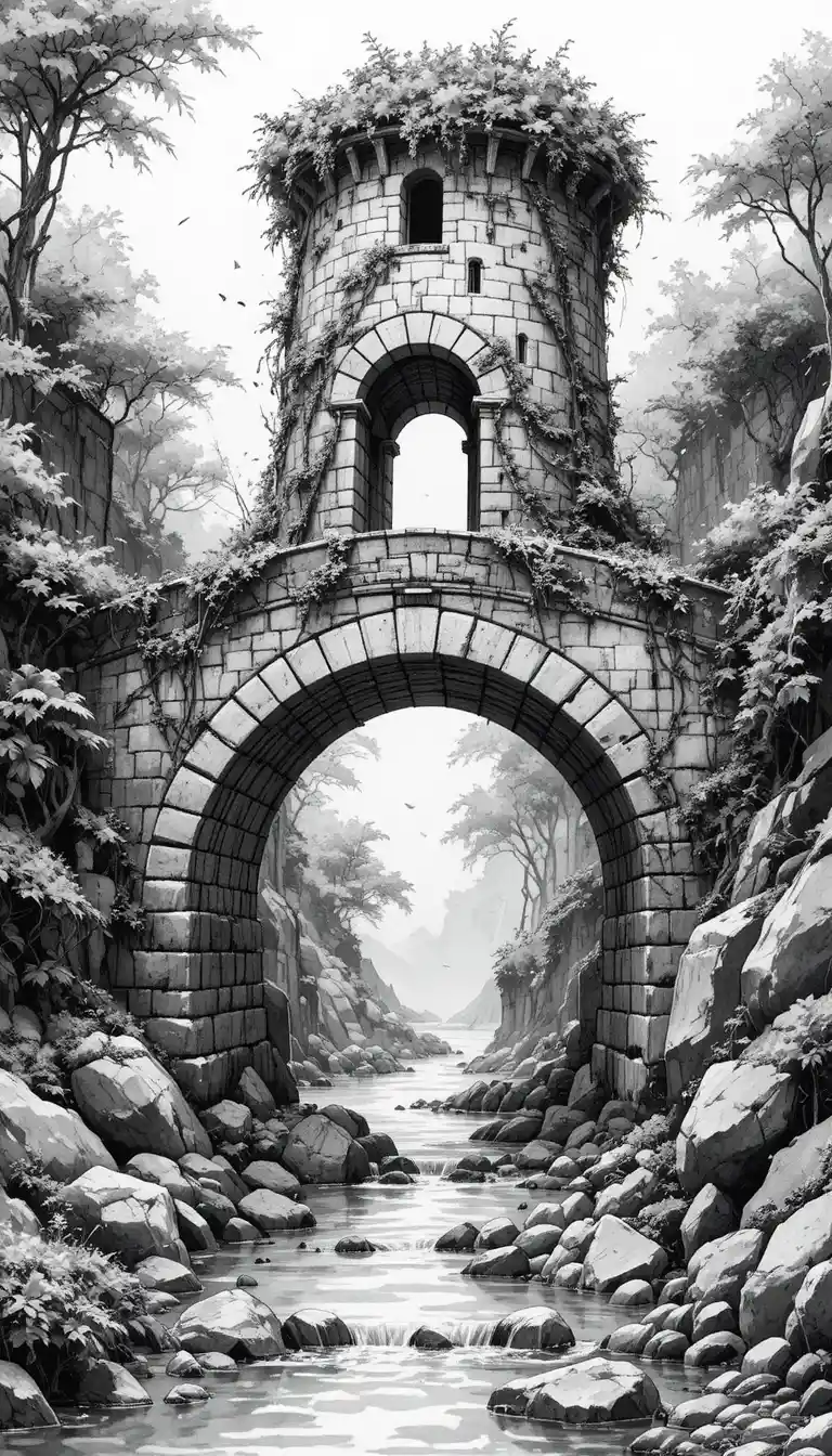 Ancient stone bridge with ivy tower over calm river