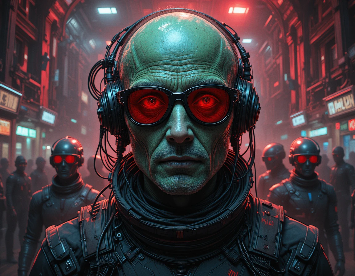 Alien humanoide anciano en primer plano futurista iluminado en rojo