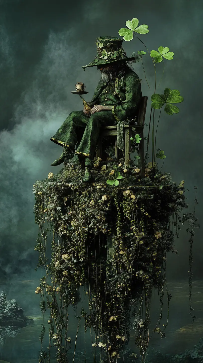 Surreal shamrock illusion in a dark fantasy fairytale scene
