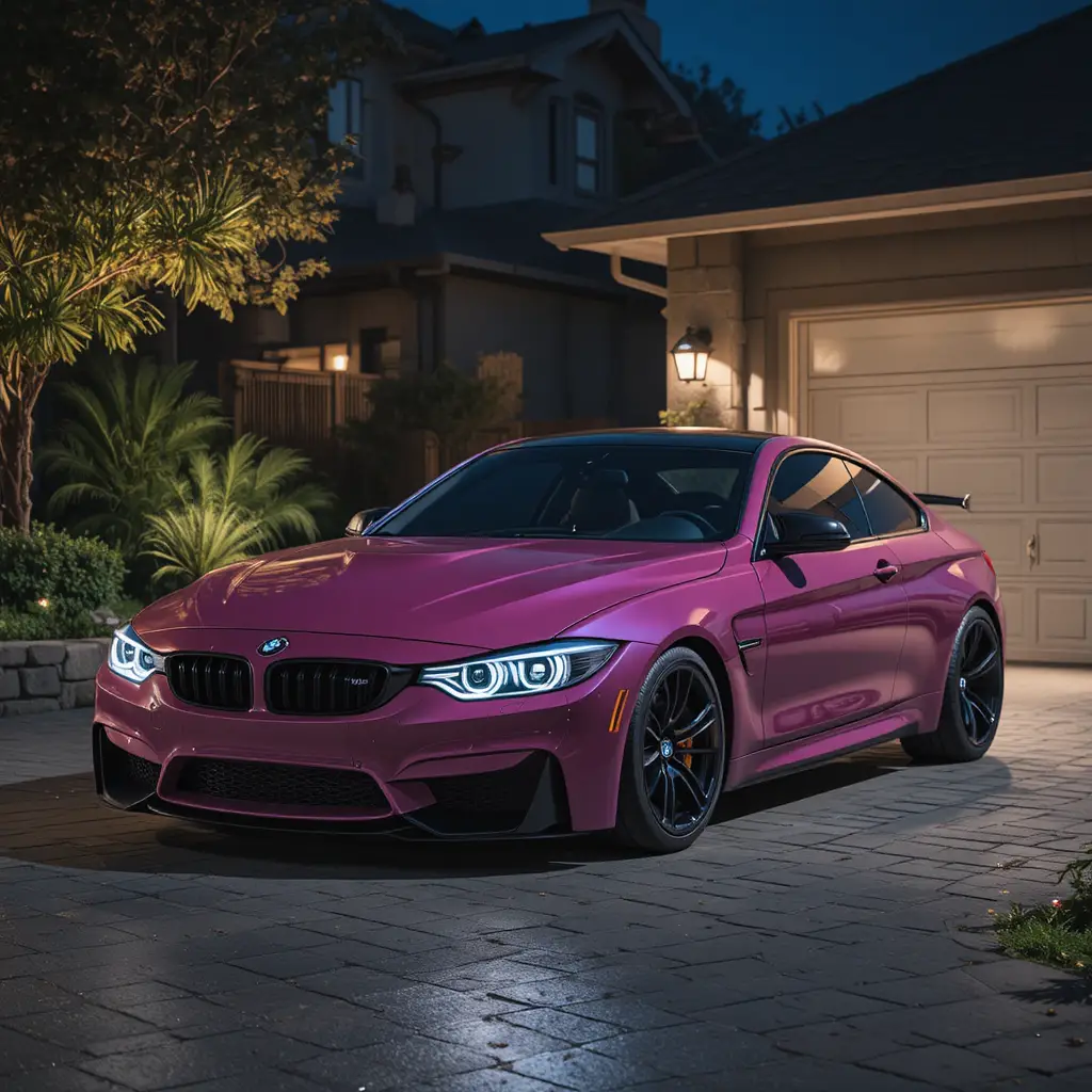 Auto Rosa Oscuro Estacionado en una Entrada de Noche