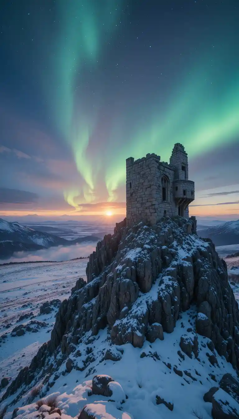 Antigua ruina de castillo en montaña nevada al atardecer