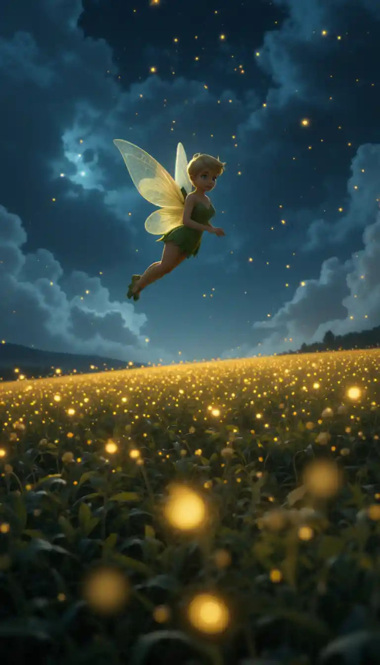 Fairy Flying Over Night Field Filled With Fireflies