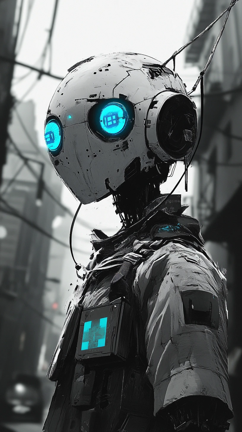 Robô humanóide futurista dominando uma rua escura da cidade