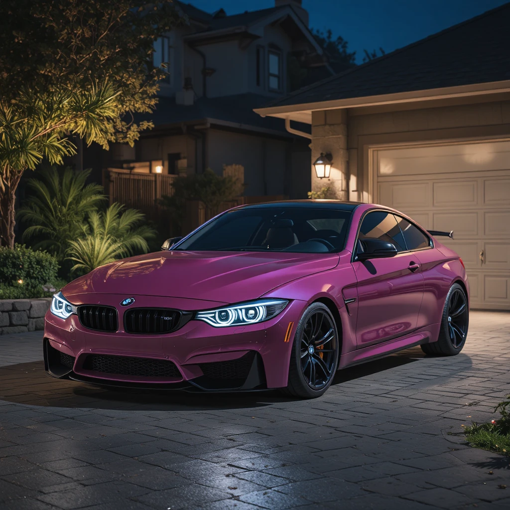 Carro Rosa-Escuro Estacionado em uma Garagem à Noite