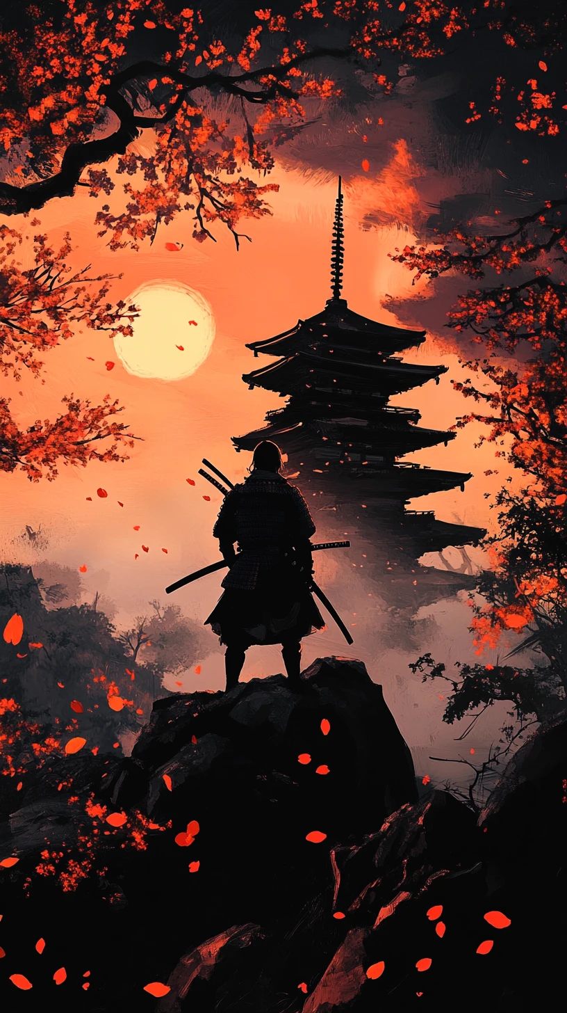 Samurai che Osserva una Pagoda al Crepuscolo con Petali di Ciliegio Cadenti