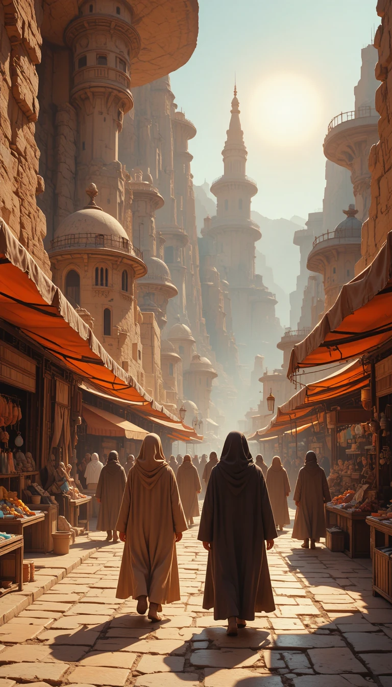 Fantastische Schlucht-Marktgasse mit wandelnden Gestalten in Roben