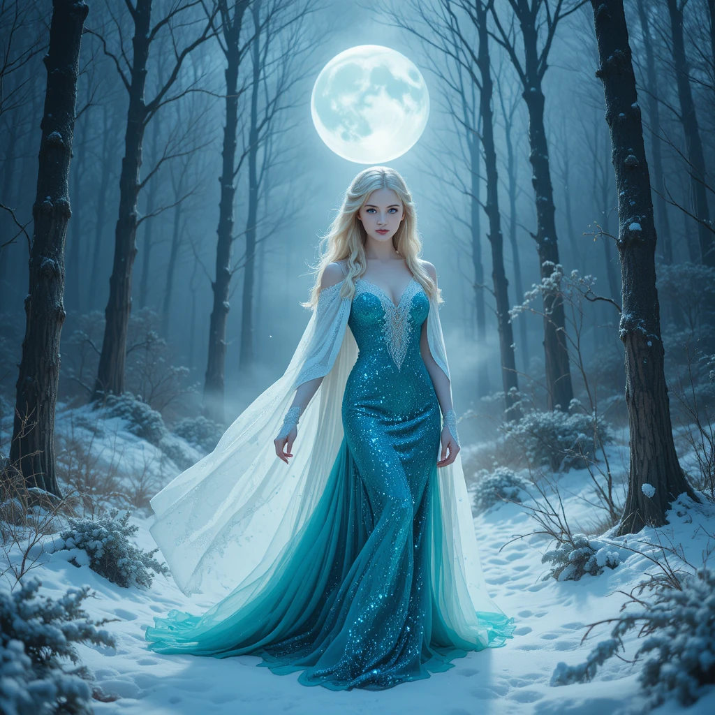 Blonde woman in teal gown under a full moon