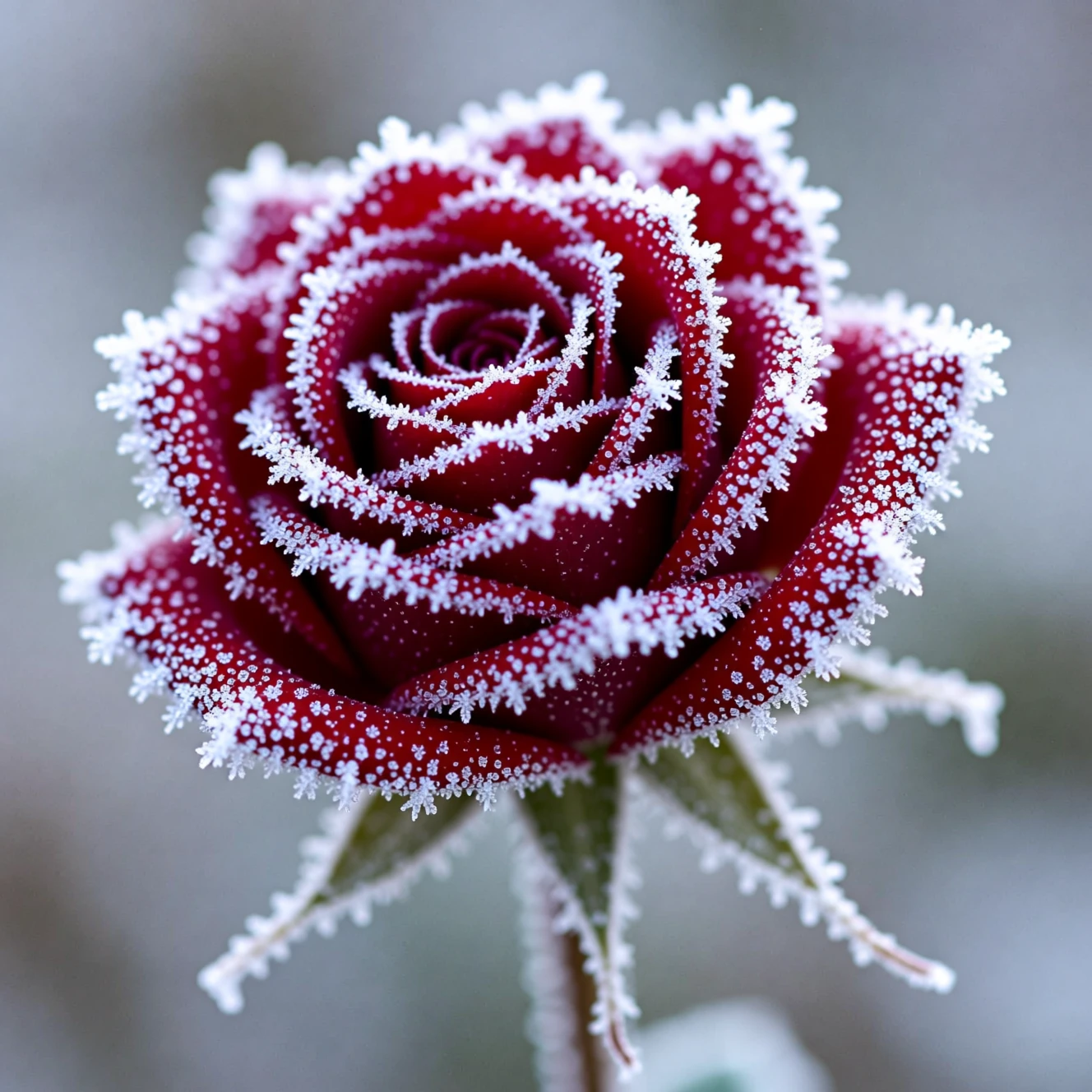 Rosa carmesim congelada coberta por delicada geada de inverno