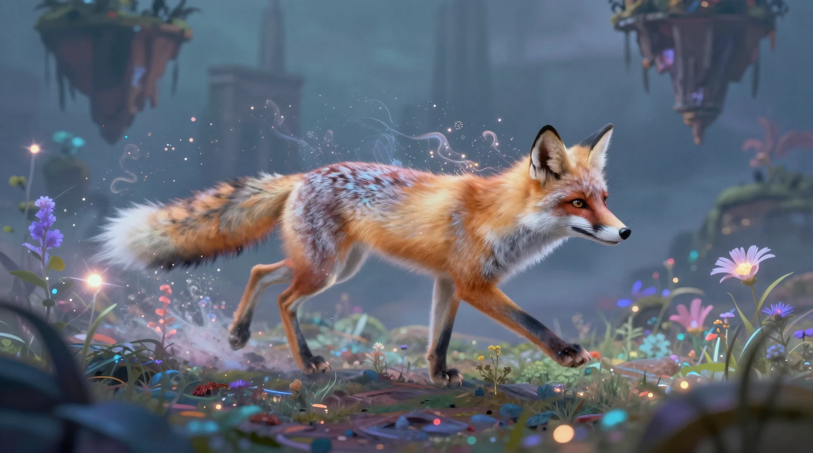 Renard éthéré courant à travers un rêve d’îles flottantes