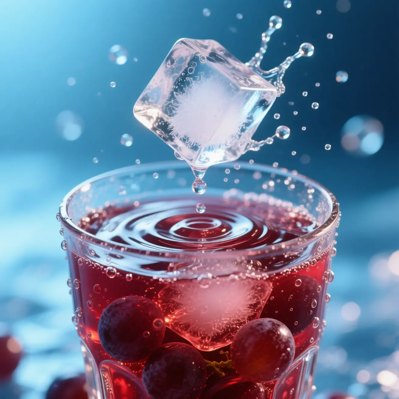 Close up glass of red grape juice with melting ice cube