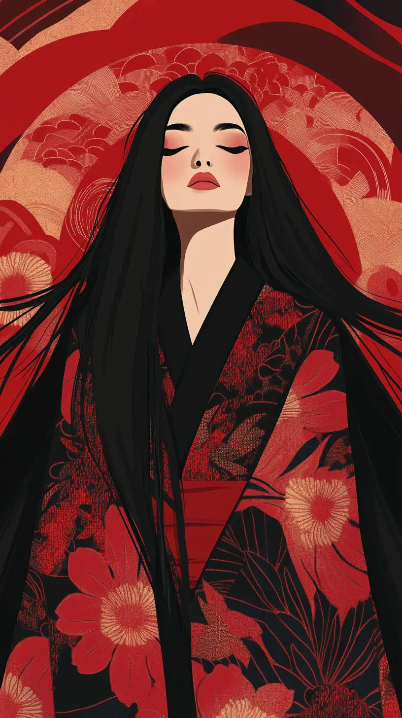 Japanese woman in red kimono in peaceful contemplation