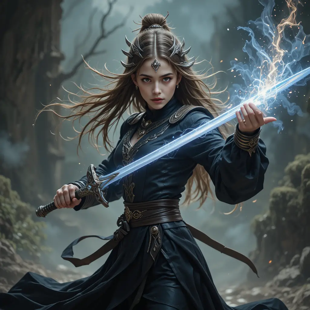 Spiritual warrior girl in black dress wielding a glowing sword